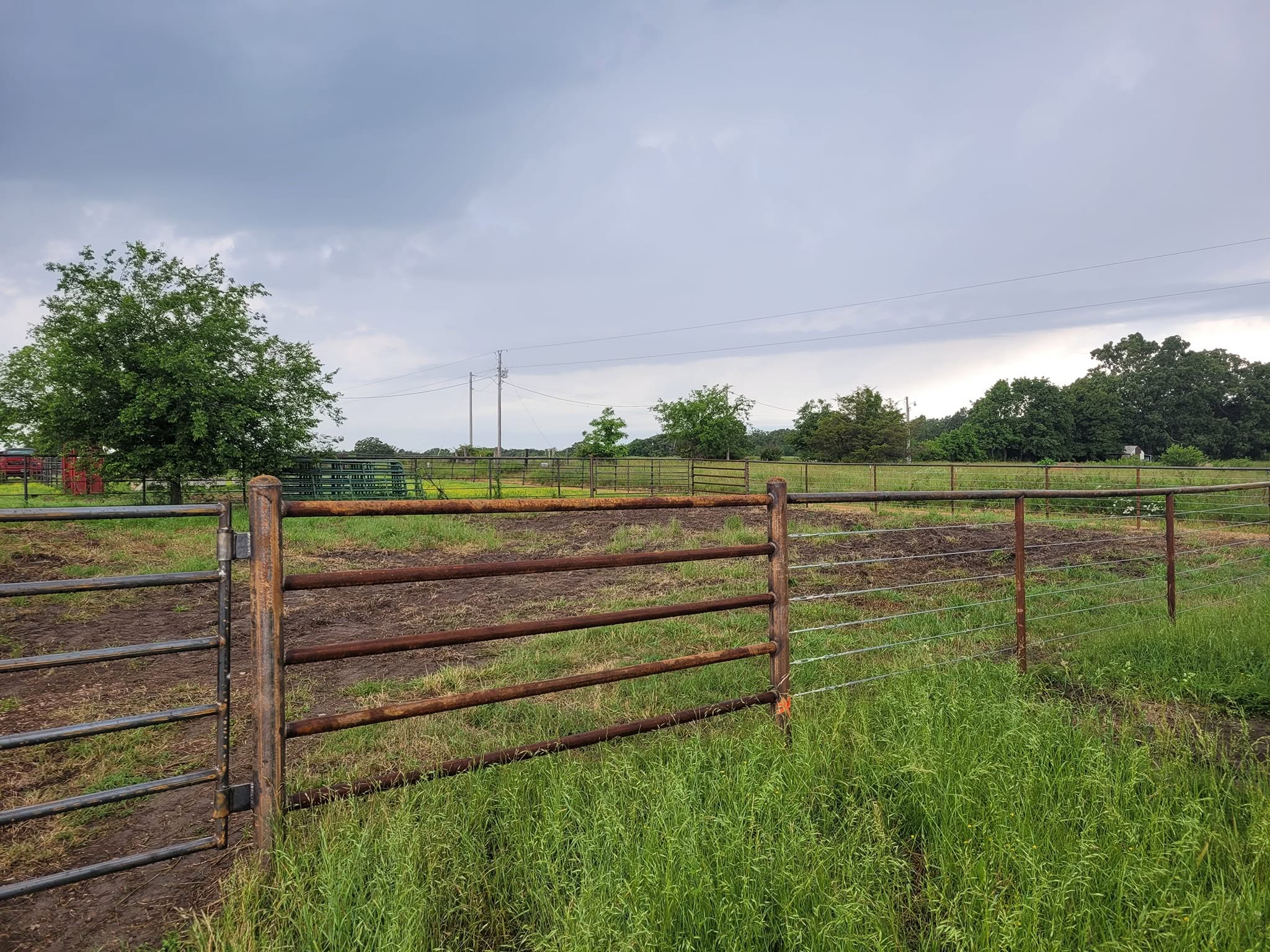 Pipe pens in a pasture near a barn